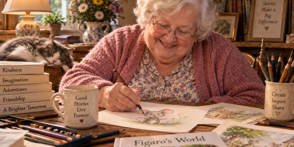 Elderly woman painting with cat nearby and motivational books.