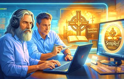 Two men working on laptops with religious symbols and digital interfaces in the background.