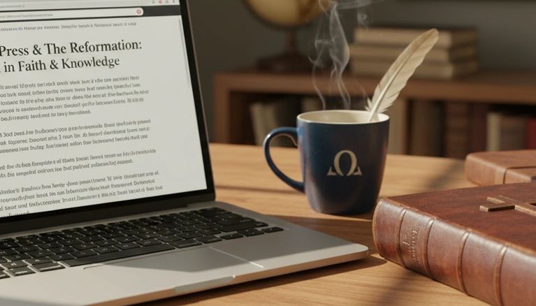 Laptop, steaming cup with quill, and a large leather-bound book on a wooden desk.