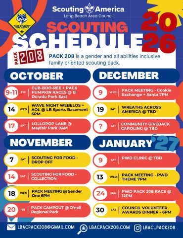 Scouting America 2026 schedule for LBAC Pack 208.