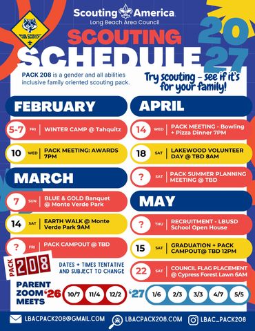 Scouting America Pack 208 event schedule for Feb-May 2027.