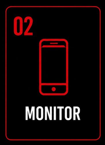Red outlined smartphone icon with text '02 MONITOR' on black background.