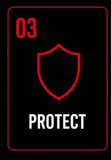Black card with red shield and word 'PROTECT'.