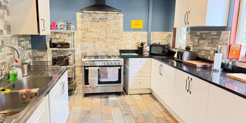 Large self-catering kitchen. Fully equipped with pots, pans and dinner wear. 2 large fridge/freezers