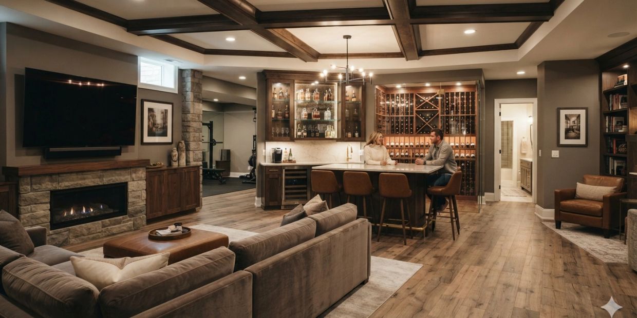 Cozy modern living room with bar and fireplace.