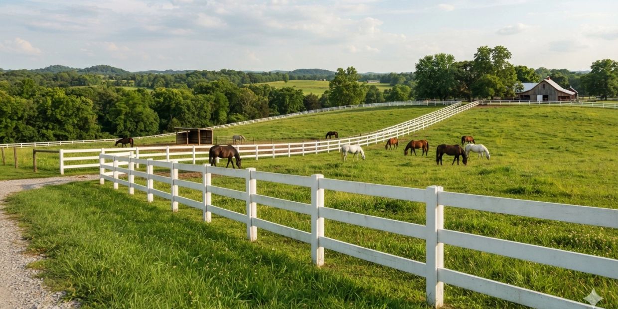 Green pasture with horses behind a white fence on a sunny day.