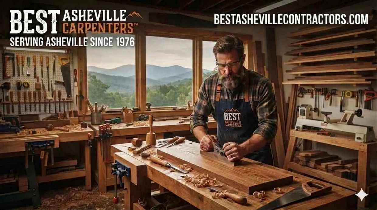 Carpenter working in a woodshop with tools and an apron.