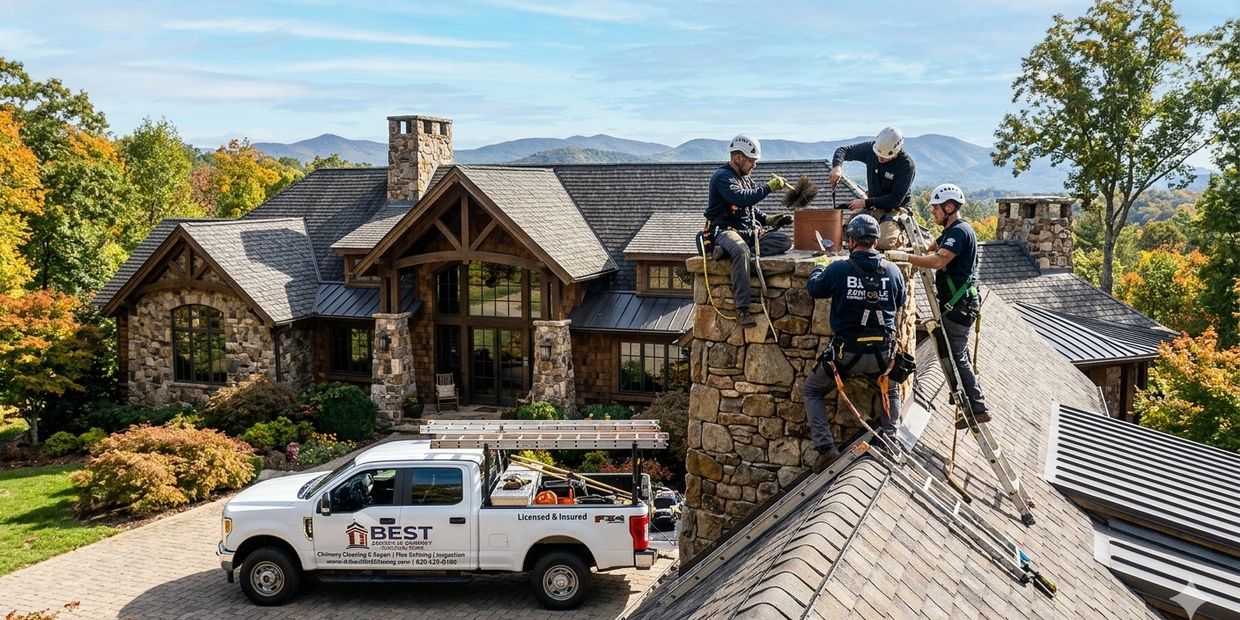 Workers cleaning a chimney on a stone house.