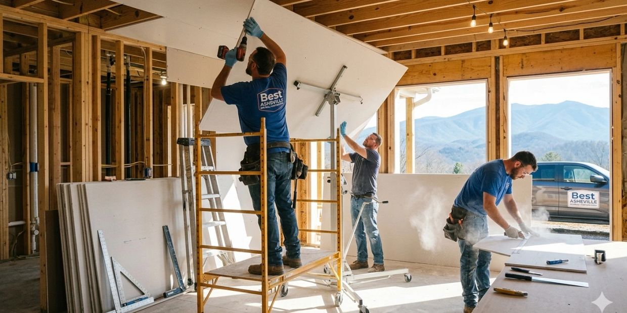 Three workers installing drywall inside a building with mountain view.