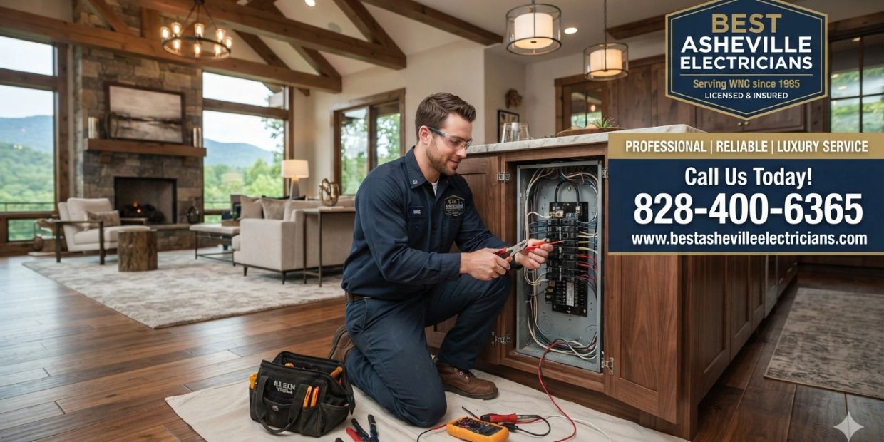 Electrician working inside a modern home with contact information overlay.