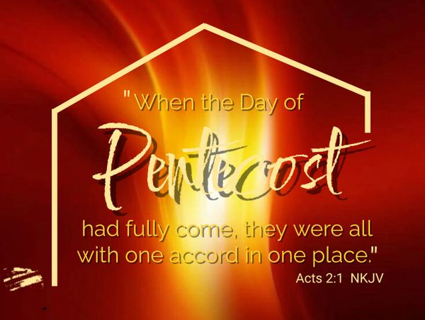 Inspirational Pentecost Bible verse with fiery background and golden text.