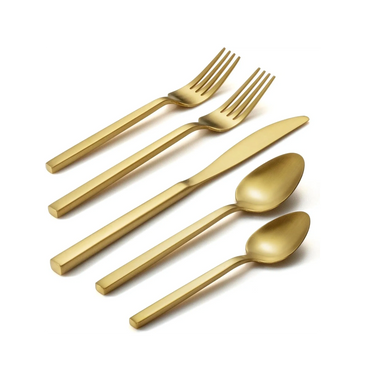 Set of elegant gold-tone cutlery including forks, knives, and spoons.