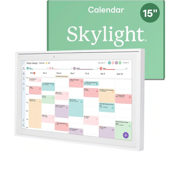 A 15-inch Skylight digital calendar displaying a colorful family schedule.