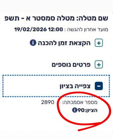 Academic submission deadline and grade info in Hebrew.