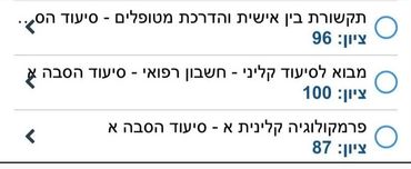List of items with Hebrew text and scores.