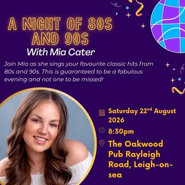 Event poster for 'A Night of 80s and 90s' with Mia Cater.