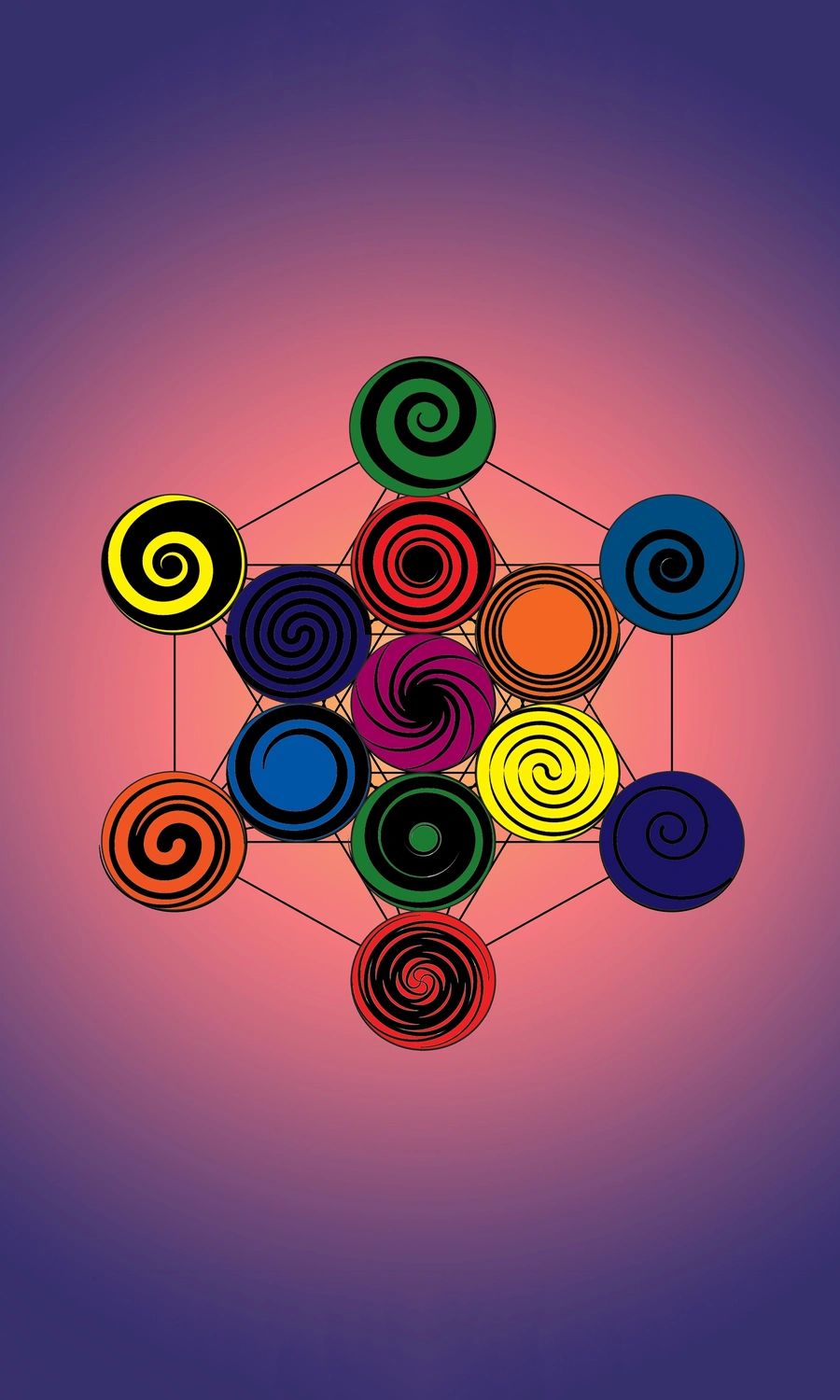 Colorful spirals connected by lines on a gradient purple-pink background.