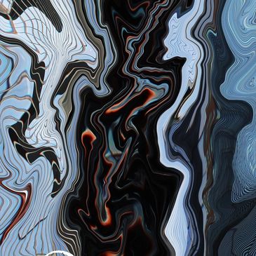 Abstract fluid art with swirling black, white, and blue patterns.