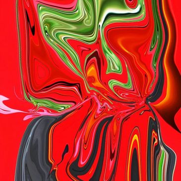 Abstract swirl of red, green, black, and orange colors creating a dynamic pattern.