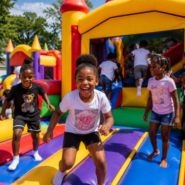 Kids playing on a colorful bounce house.