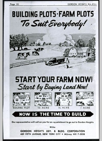 Advertisement for building and farm plots at Gordon Heights.