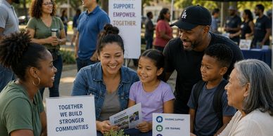 A diverse group of people gathers at a community event promoting support and empowerment.