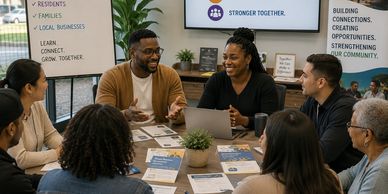 A diverse group engaged in a community meeting around a table with informational materials.