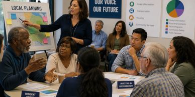 Community members discuss local planning in a meeting room.