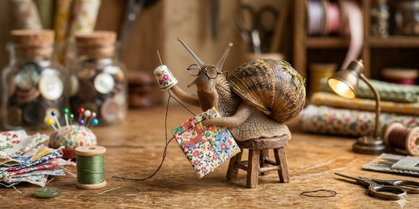 A snail wearing glasses knitting a floral fabric on a tiny stool.