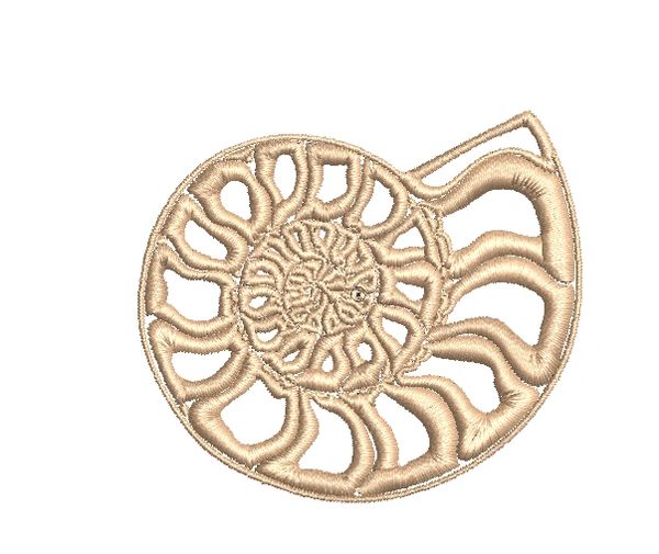 Embroidered nautilus shell design.