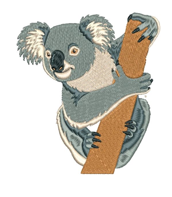 Embroidered koala on a branch.