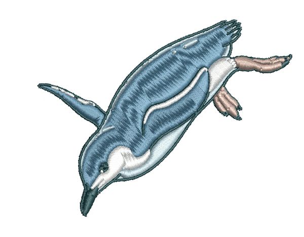 Embroidery of a blue penguin.