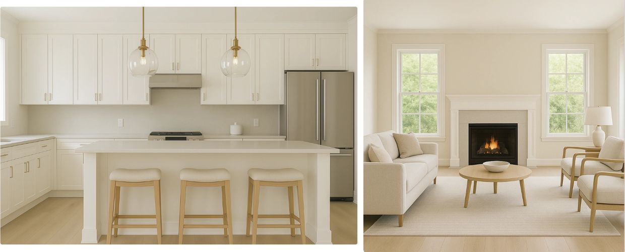 Minimalist kitchen with white cabinetry and light wood stools under pendant lights.