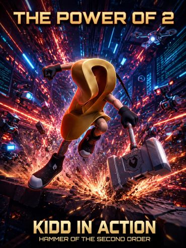 Action-packed futuristic poster featuring a character with a hammer.