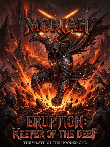 Dark fantasy artwork featuring a hooded warrior surrounded by lava and shadowy figures.