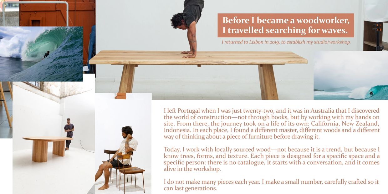 Woodworker balancing on a wooden table, reflecting on his journey from surfing to woodworking.