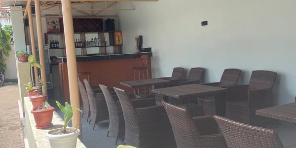 Outdoor seating area with wicker chairs, tables, and potted plants under a metal roof.
