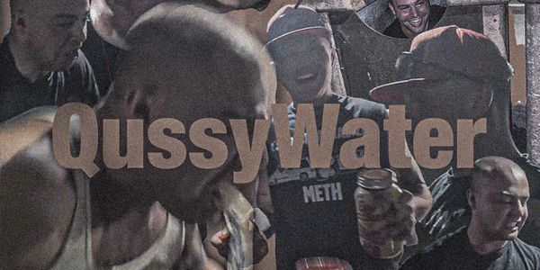Collage of men with shaved heads and the text 'QussyWater' overlayed.