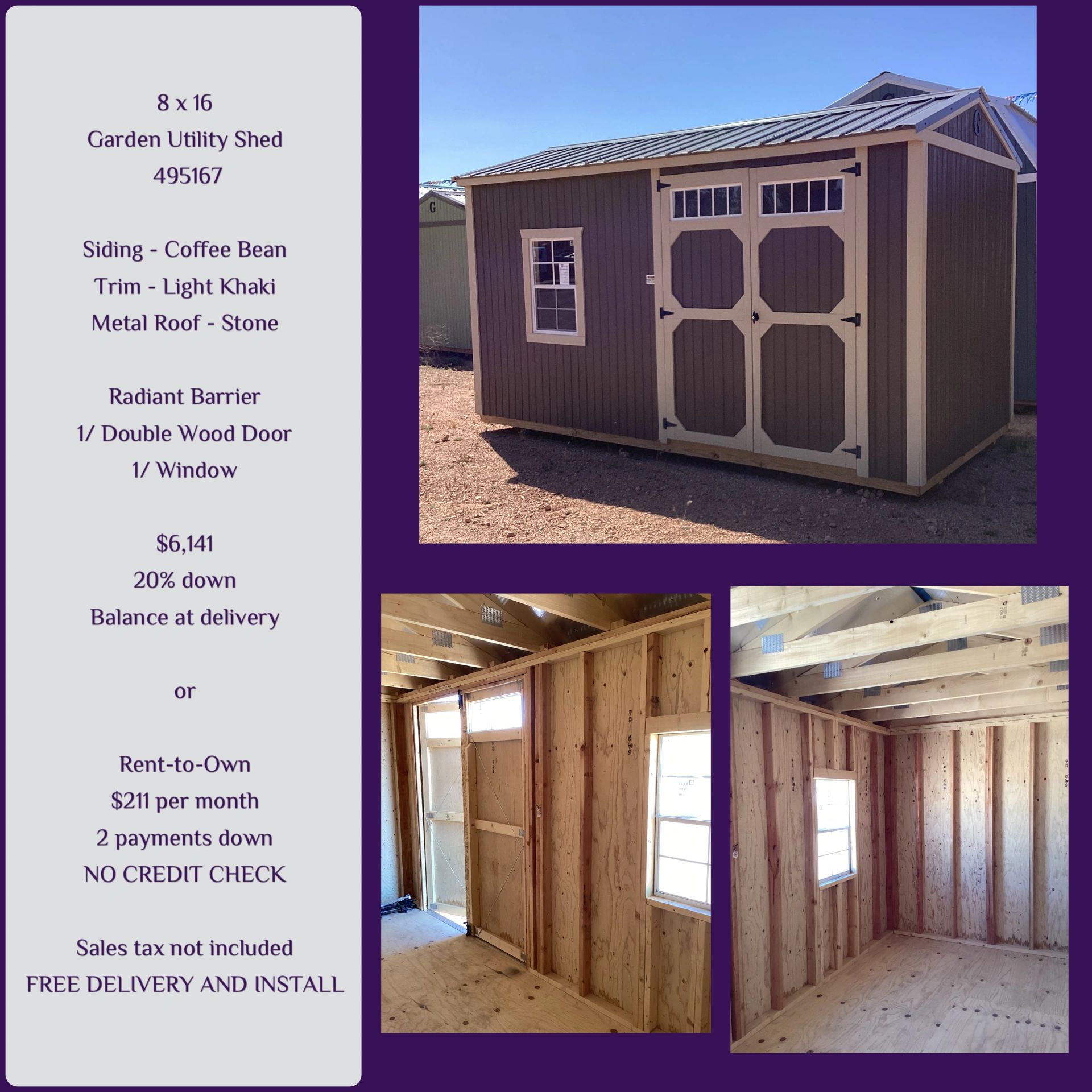 8x16 garden utility shed with coffee bean siding and light khaki trim.