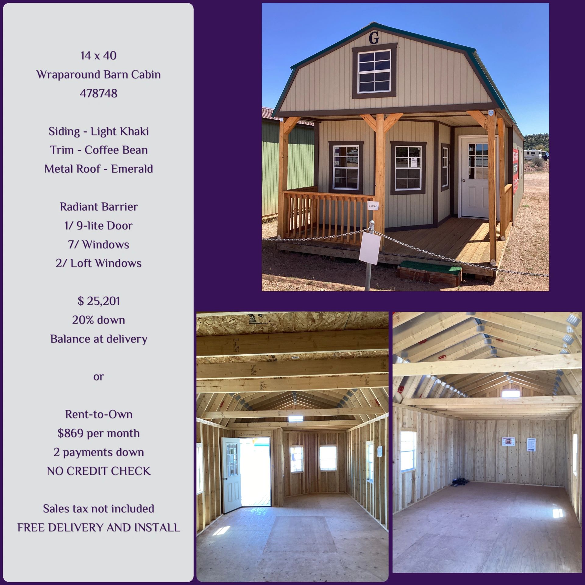 14x40 Wraparound Barn Cabin with light khaki siding, coffee bean trim, emerald metal roof, and spacious wooden interior.