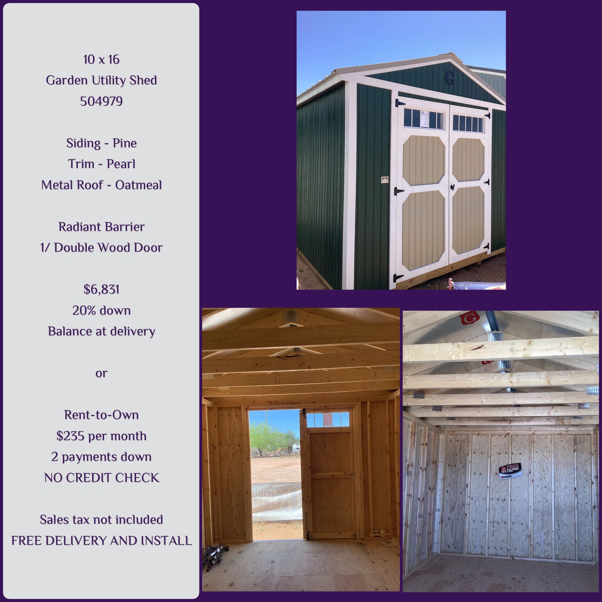 10x16 garden utility shed with pine siding and double wood doors.