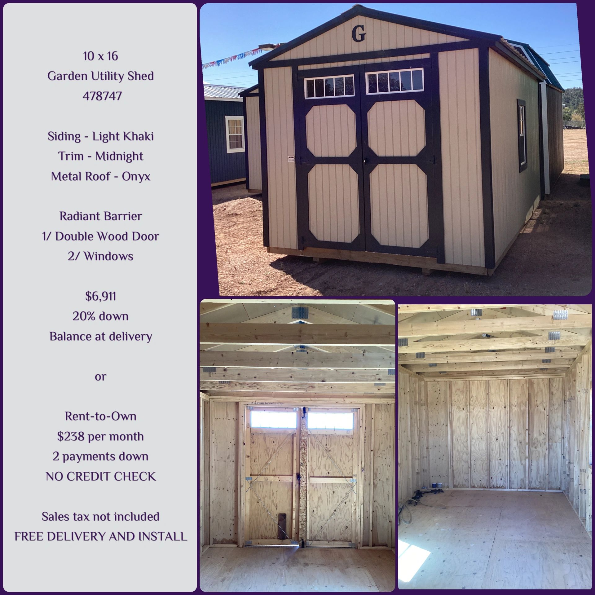 10x16 garden utility shed with light khaki siding and midnight trim, featuring double wood doors and two windows.