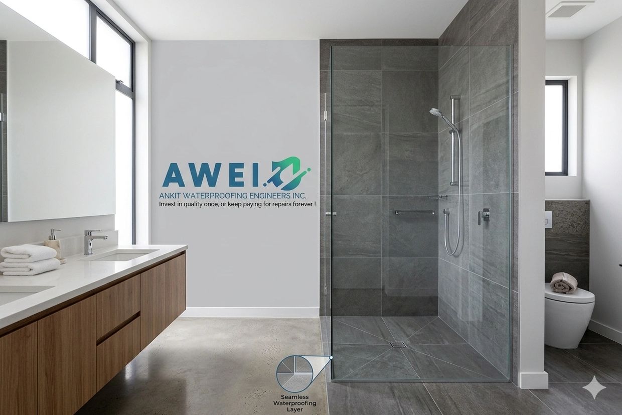 Modern bathroom showcasing seamless waterproofing by AWEI.
