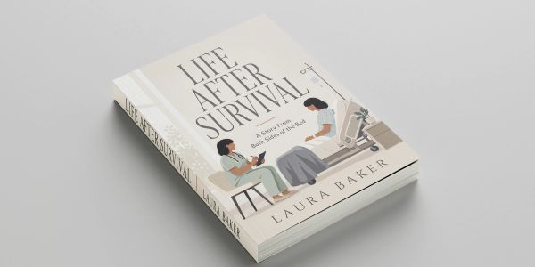 Book titled 'Life After Survival' by Laura Baker with illustrated cover of two women in discussion.