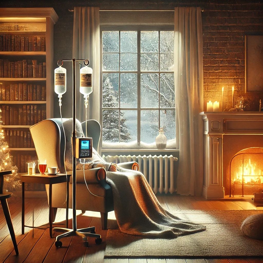 client sitting cozy in their home while receiving IV therapy in front of a fire.