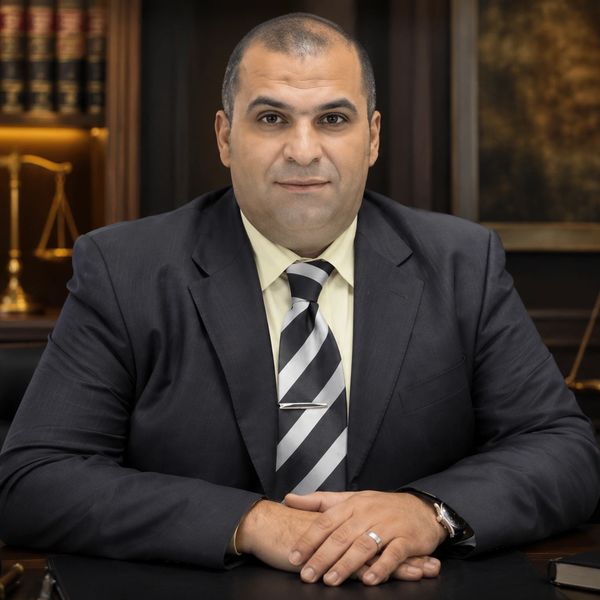 Confident man in suit sitting at desk with legal books and scales.