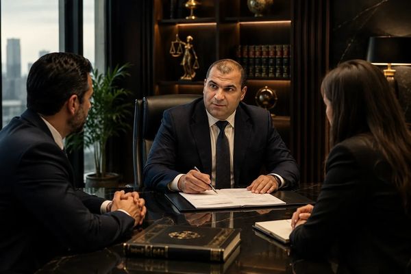 Three professionals in a business meeting in a modern office.