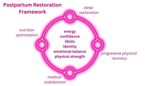 Diagram of postpartum restoration framework with key recovery areas.