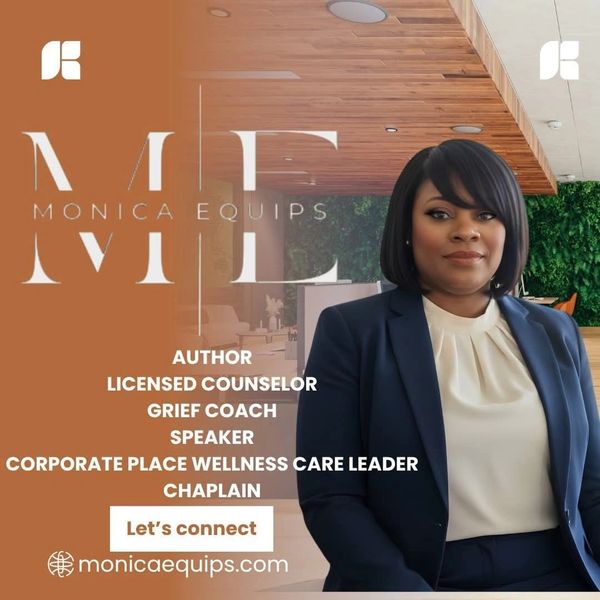 Professional woman promoting Monica Equips with wellness and counseling services.