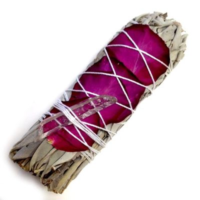 Wellness wand with white sage, rose petals, and smoky quartz.